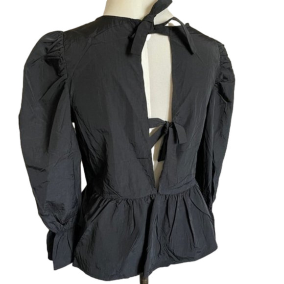 H&M Tops - H&M Black Taffeta Puffy Shoulder Peplum Long Sleeve Top Ties at Back - S